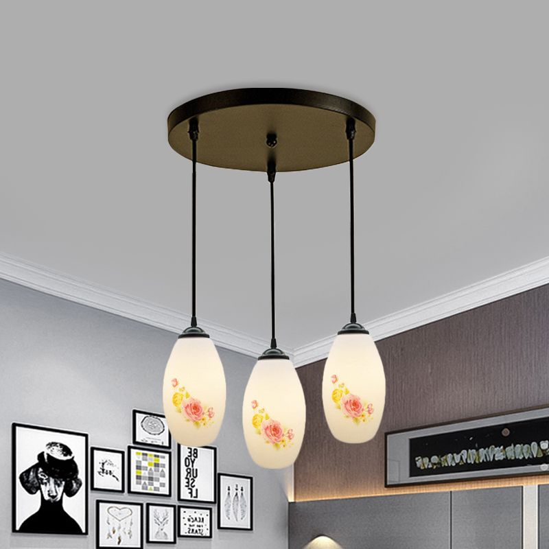 3 Bulbs Multiple Hanging Light Modern Oblong Frosted White Glass Linear/Round Canopy Pendulum Lamp with Flower Pattern