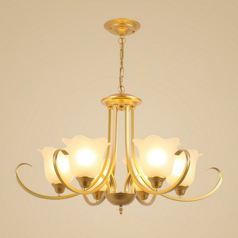 Classic Floral Chandelier Lighting Iron Pendant Light with Ruffled Cream Glass Shade