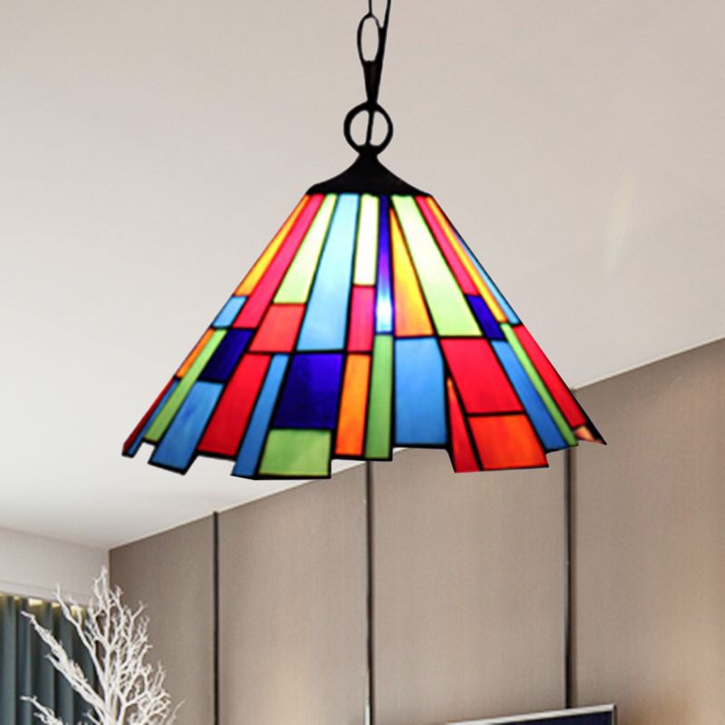 Stained Glass Conical Hanging Lamp Tiffany 1 Bulb Black Ceiling Pendant for Dining Room, 12"/16" Wide