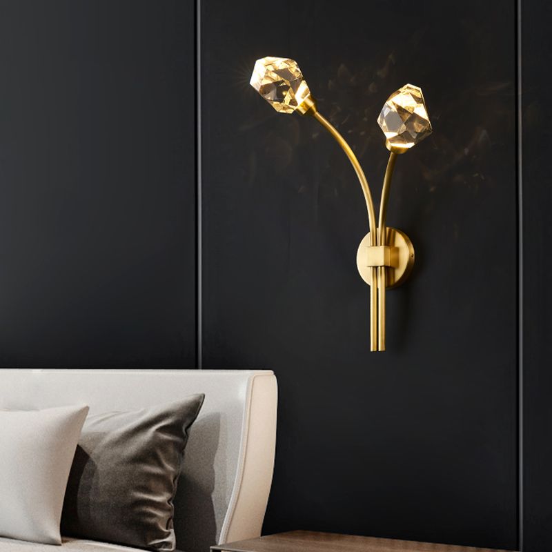 Modern Brass Wall Light 2 Lights Wall Sconce with Crystal for Living Room