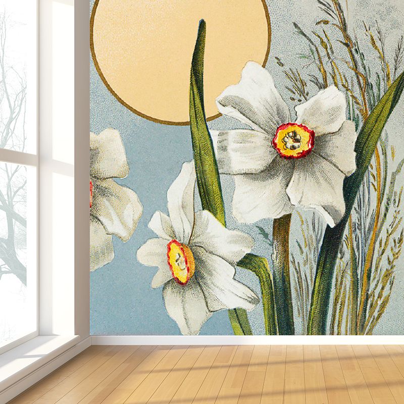 White Blossom and Sun Mural Wallpaper Florentine Contemporary Stain-Proof Wall Art