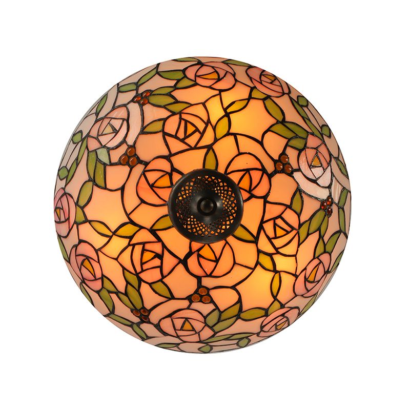 Pink and Green Bowl Flush Light with Rose Vintage Tiffany Stained Glass Flush Ceiling Light