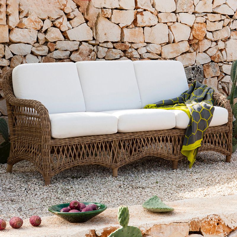 Tropical Outdoor Patio Sofa in Brown Plastic with White Cushion