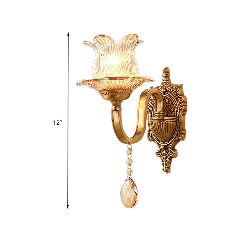 Brass Floral Sconce Light Fixture Vintage Clear Prismatic Glass 1/2 Lights Living Room LED Wall Mounted Lamp