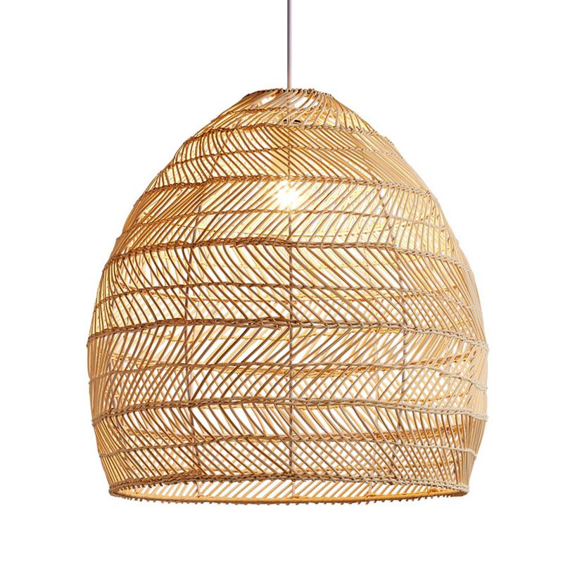 Rattan Cloche Pendant Ceiling Light Asian Single-Bulb Suspension Lighting over Dining Table