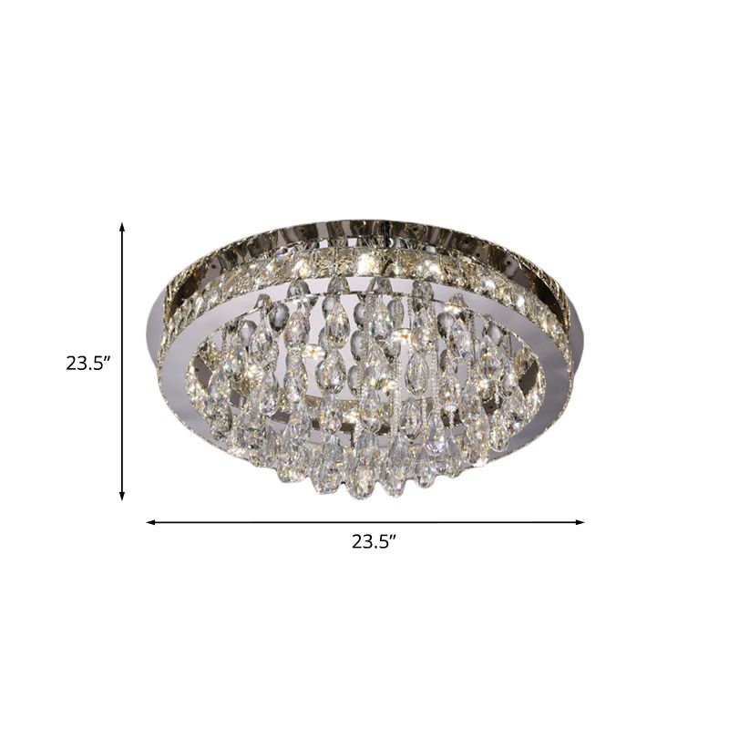 Nickel LED Ceiling Flush Light Modernist Beveled Cut Crystal-Encrusted Circular Flushmount with Crystal Drops
