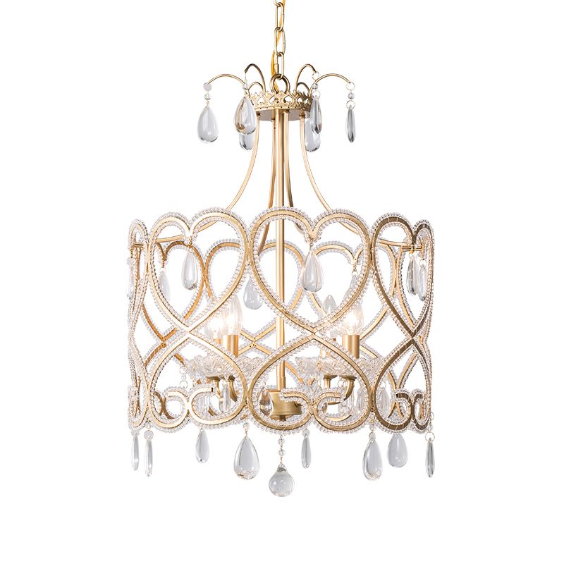 Gold Cylinder Chandelier Lighting Nordic Crystal 4 Bulbs Hanging Ceiling Light with Teardrop