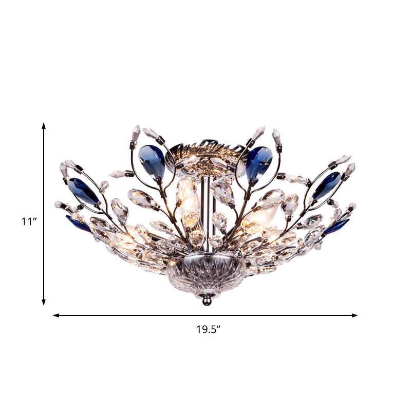 Metallic Peacock Tail Semi Flush Ceiling Light Modern 6 Lights Gold/Chrome Ceiling Mounted Fixture with Crystal Drops