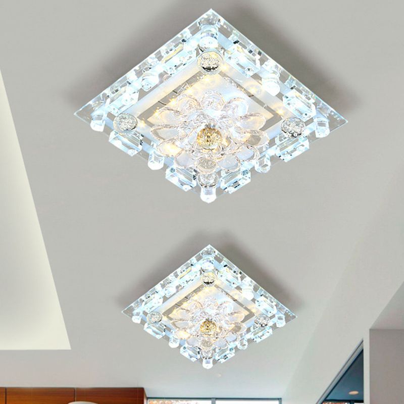 Clear Crystal Square Flush Ceiling Light Simple LED Corridor Flush Mount with Scalloped Shade in Warm/White Light