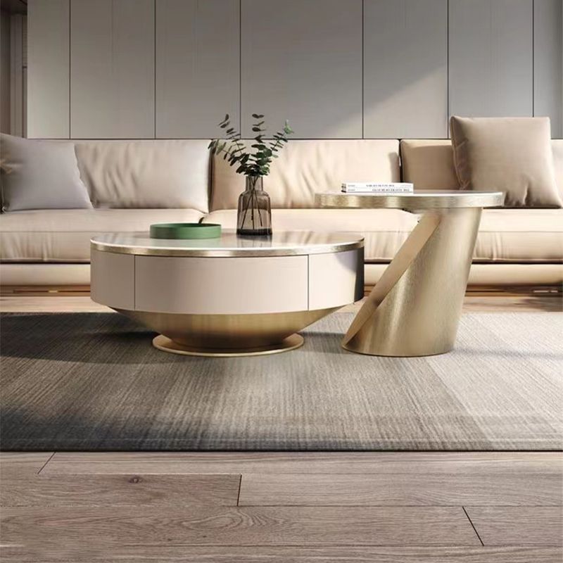 Slate Glam Coffee Table Round Nesting Coffee Table Set with Drawer