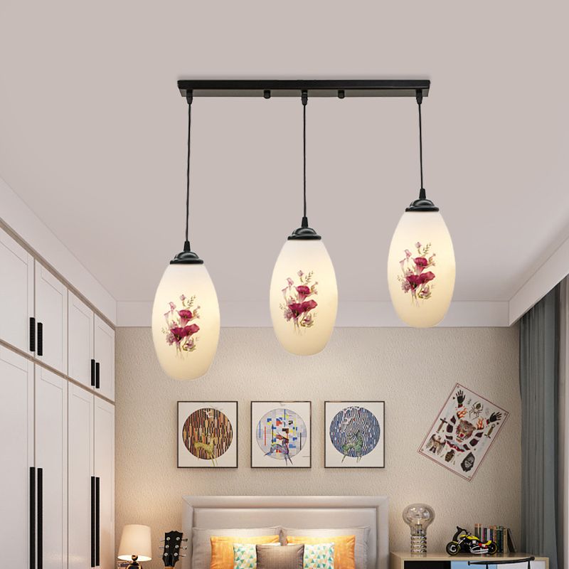 3 Lights Oval Multi-Pendant Modern Black Finish White Printed Glass Ceiling Hang Fixture with Round/Linear Canopy
