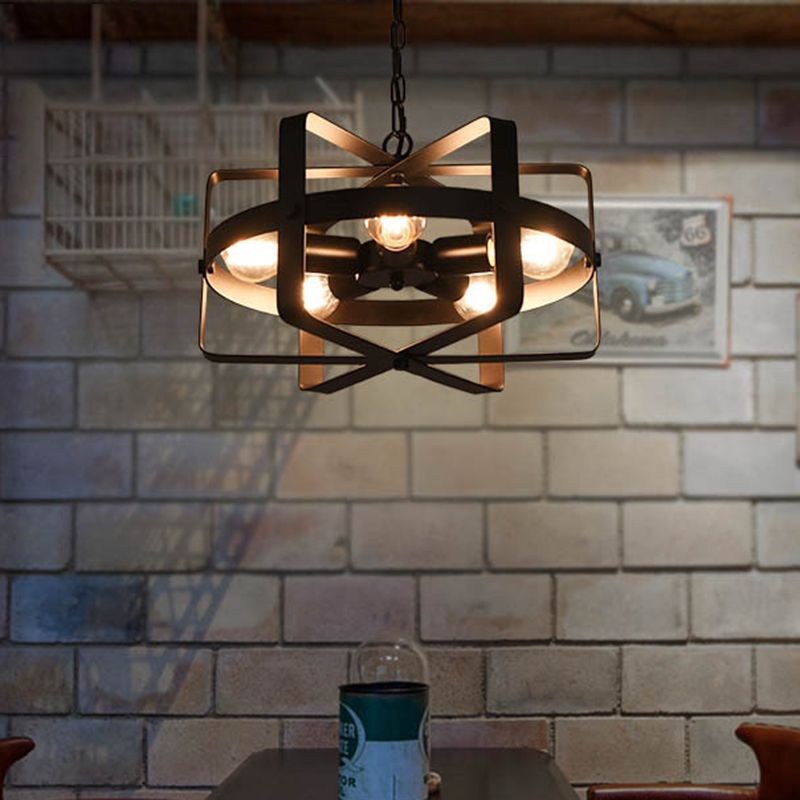 Lámpara de lámpara retro enjaulada enjaulando 5 luces 5 luces luz colgante de hierro en negro para comedor
