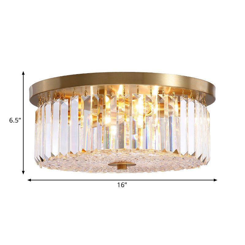 Prismatic Crystal Brass Flushmount Drum Shaped 4-Light Postmodern Ceiling Flush Light