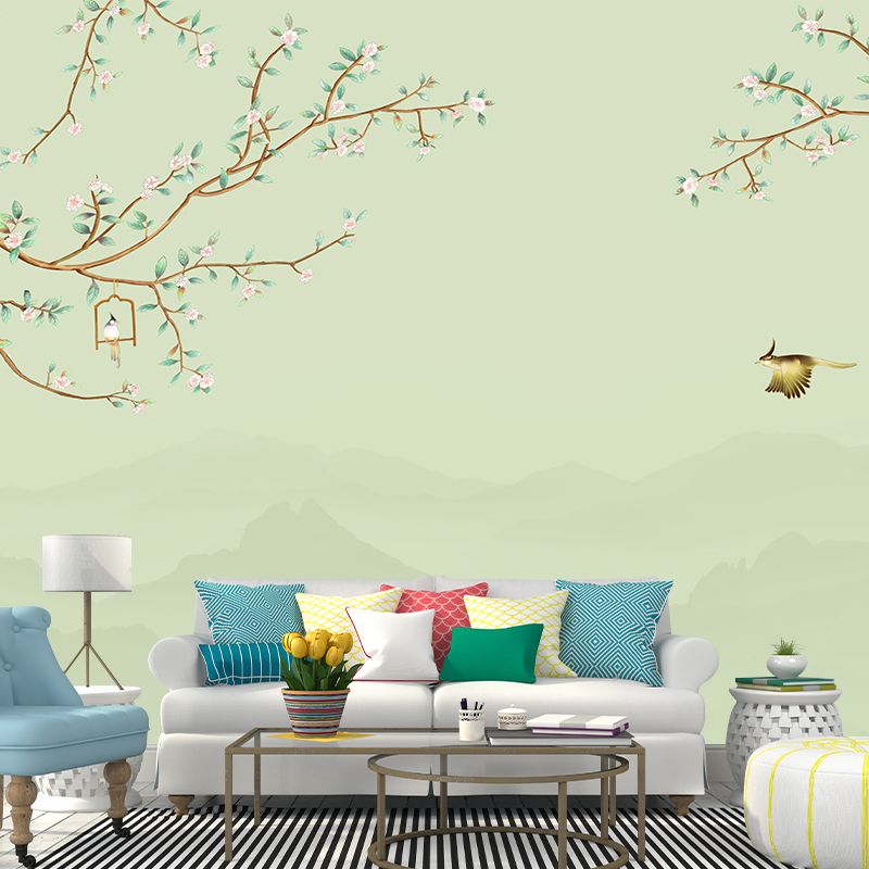 Big Flower and Bird Mural in Pastel Green Non-Woven Fabric Wall Art for Home Decor, Custom-Made
