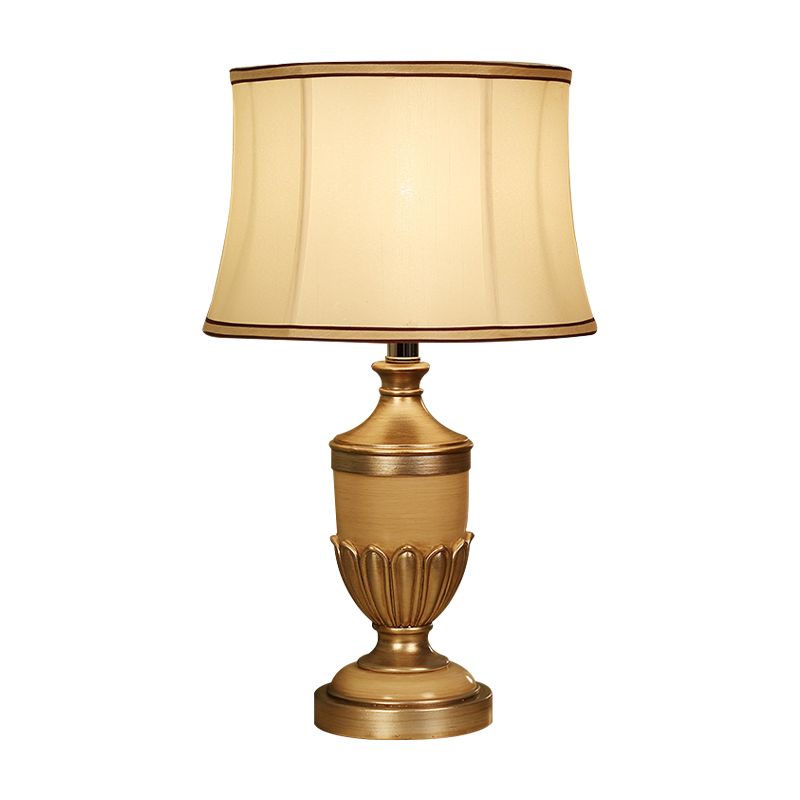 Vintage Drum Shaped Desk Lighting 1 Head Fabric Night Table Lamp with Black/Brown/Green Pot Base