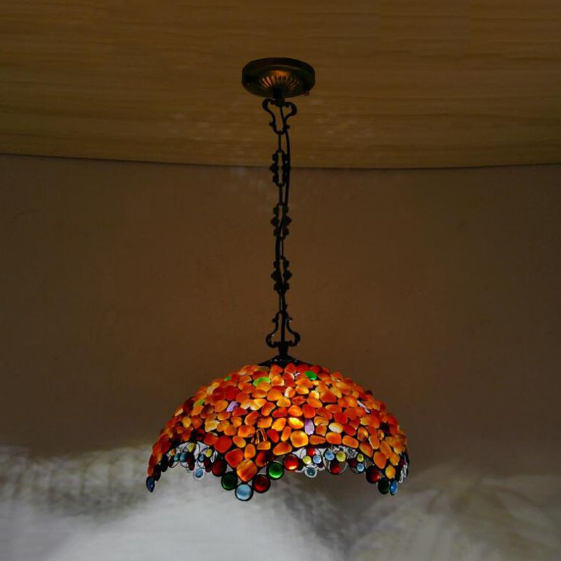 Scalloped Pendant Light 2 Lights Stone Mediterranean Hanging Lamp Kit in Red/Beige for Bedroom
