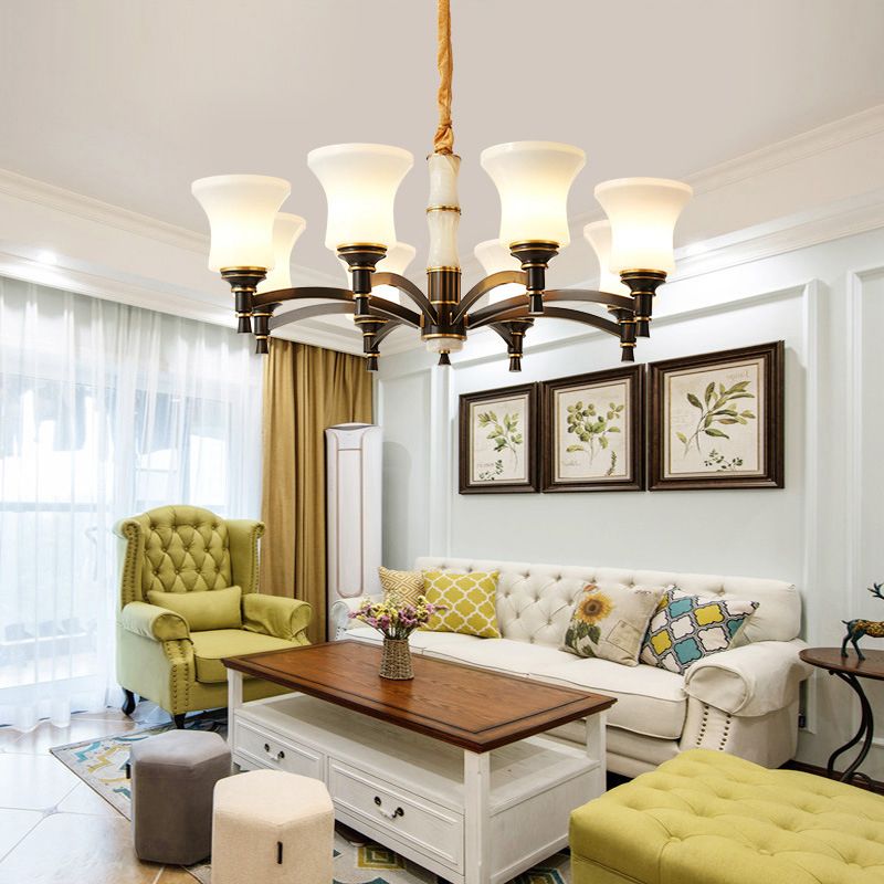 Traditional Flare Chandelier Lighting Fixture Opal Frosted Glass Pendant Lamp for Bedroom