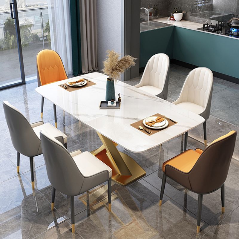 Glam Stone Rectangle Dining Table Golden Pedestal Table for Dining Room