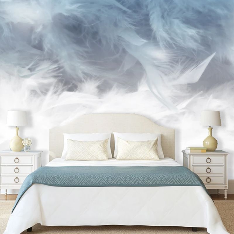 Feather Wall Art in Grey and Blue, Minimalist Wall Mural for Home Decoration
