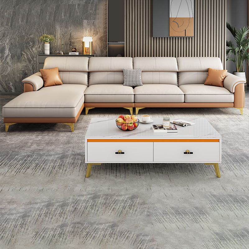 Modern Faux Leather Beige Sofa with Pillow Top Arm for Living Room