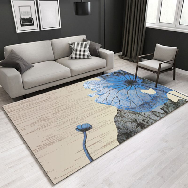 Grey Tone Vintage Area Rug Polyester Leaves Print Rug Non-Slip Backing Indoor Rug for Living Room