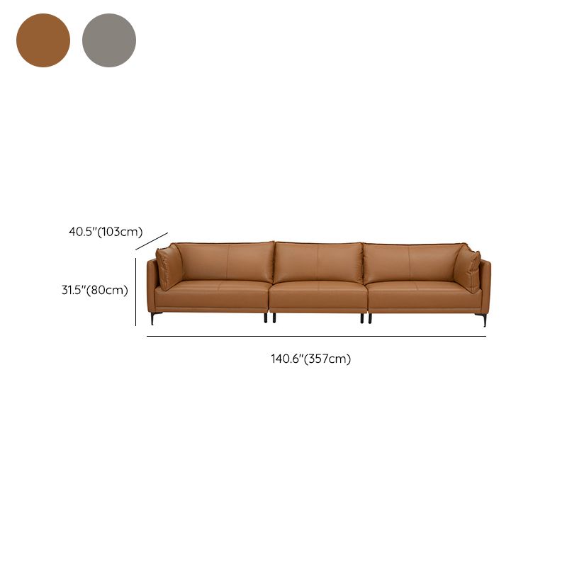 Contemporary Square Arm Sectional Genuine Leather Stationary Sectional Set