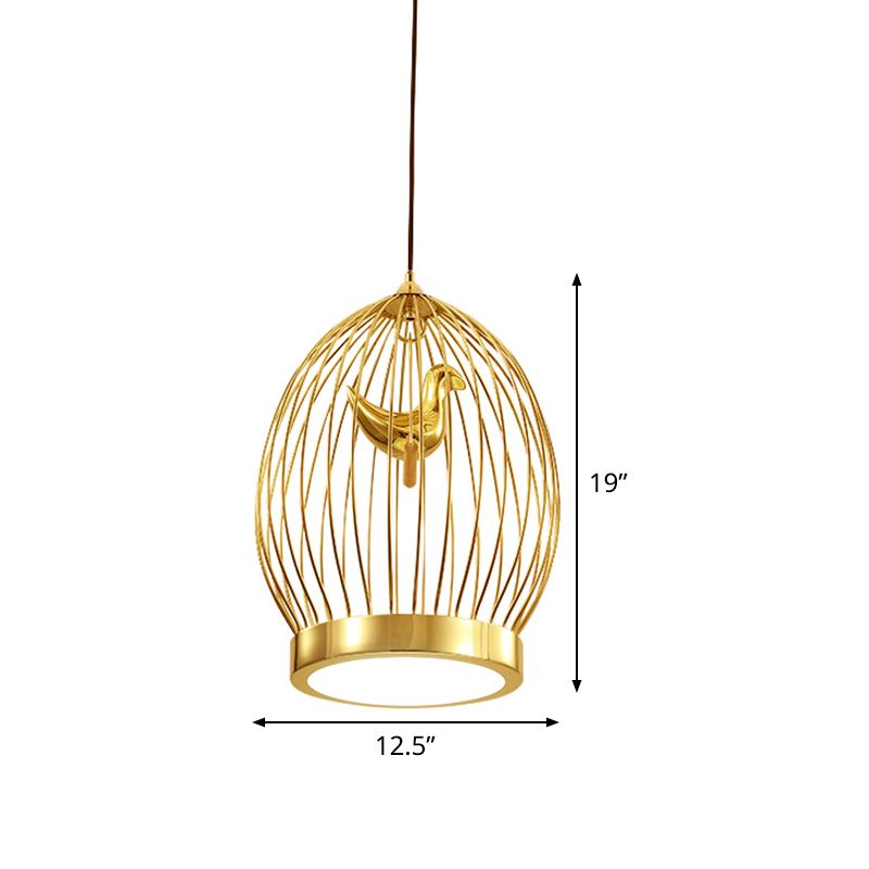 Global Cage Metallic Hanging Light Fixture Modern 1-Head Gold Finish Suspended Pendant Lamp with Bird Deco