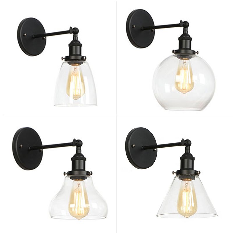 Industrial Style Vintage Wall Sconce with Transparent Glass Lampshade Single Bulb Wall Mount Lamp in Black