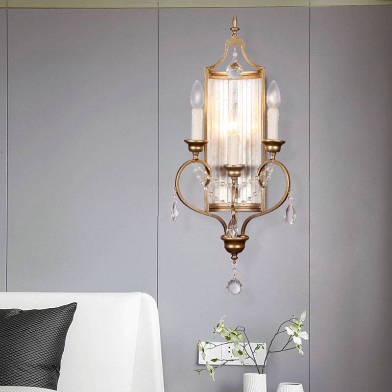 French Country Candle Sconce Lamp 3-Light Metallic Wall Lamp in Gold with Crystal Deco