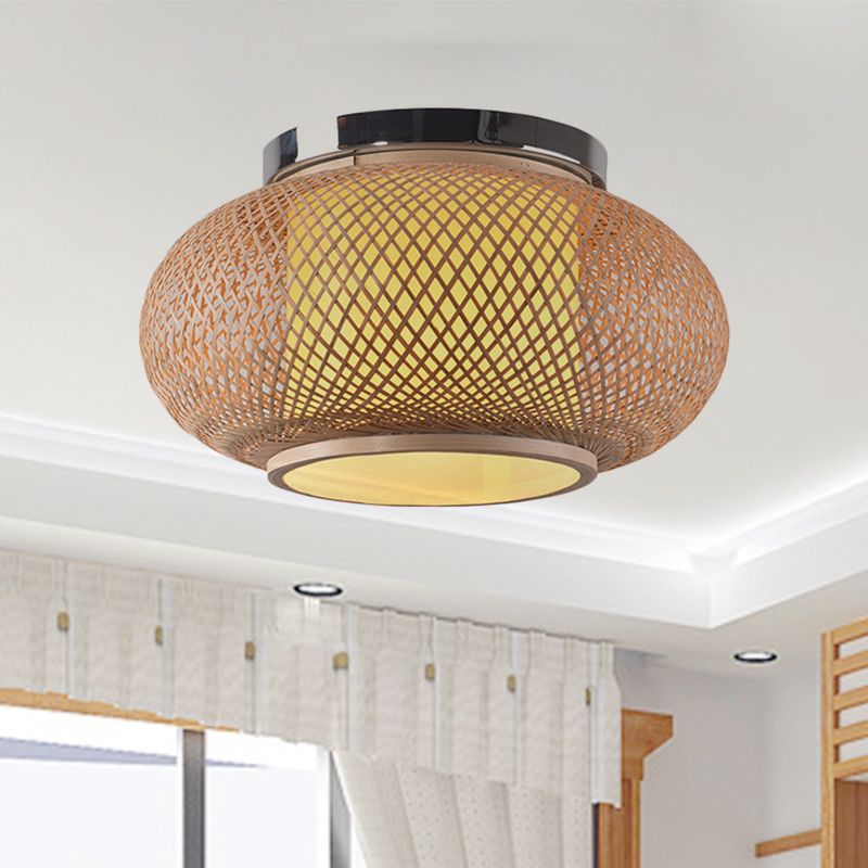 Yellow Lantern Shade Flush Light Contemporary Style 16"/19.5" Dia 1-Head Bamboo Ceiling Mounted Light for Living Room