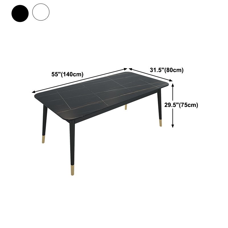 Stone Top Dining Table Contemporary Rectangle Table with 4 Metal Legs in Black