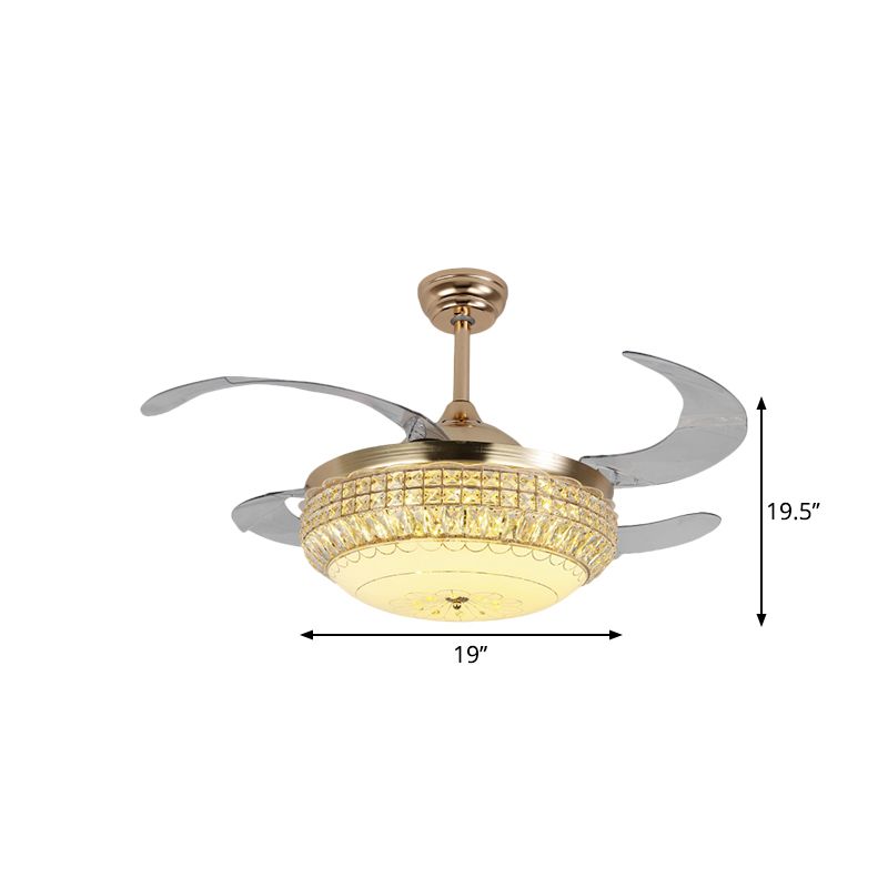 19 "W Dome Woonkamer Hangende ventilator Licht Acryl LED Minimalistische semi -spoeling met Crystal Deco in goud, 4 messen