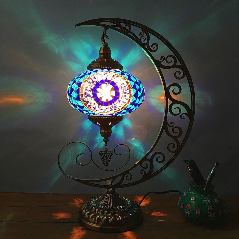 Blue Oval Table Light Decorative Stained Glass 1 Bulb Bedroom Night Lamp with Moon Shape Arm
