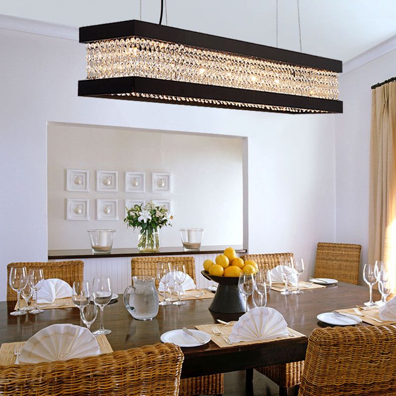 Black/Gold Rectangle Hanging Lighting Contemporary Clear Crystal 6/7/9 Lights Island Pendant Lighting