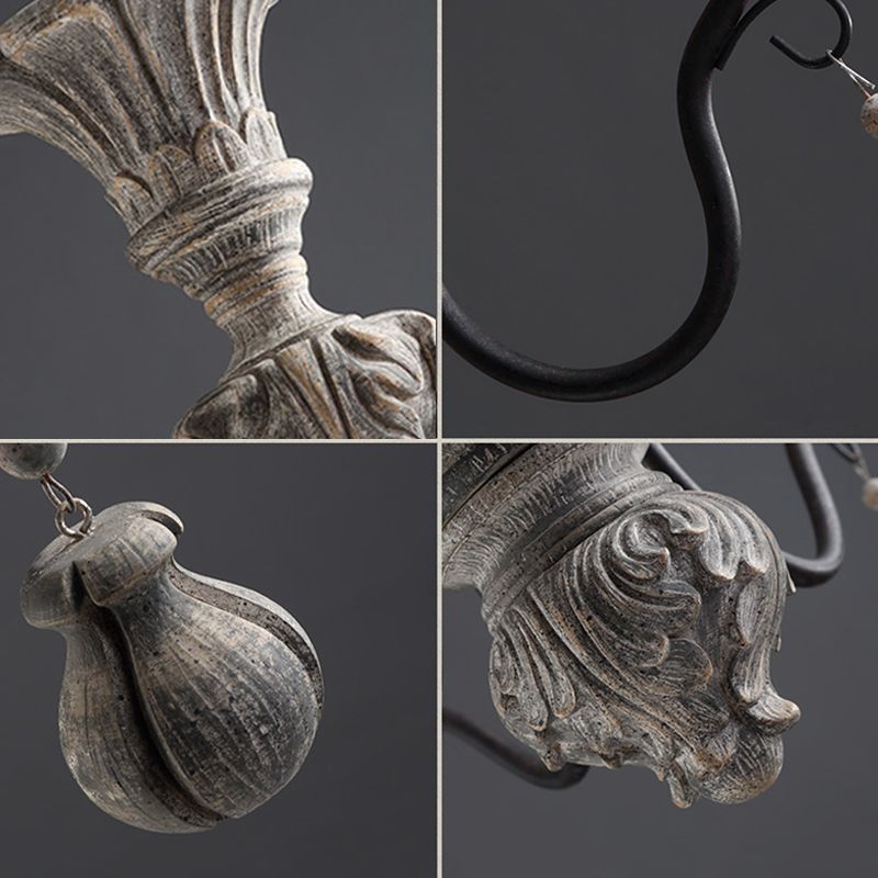 Gray Candelabra Hanging Light Traditional Wood 6 Lights Living Room Chandelier Light