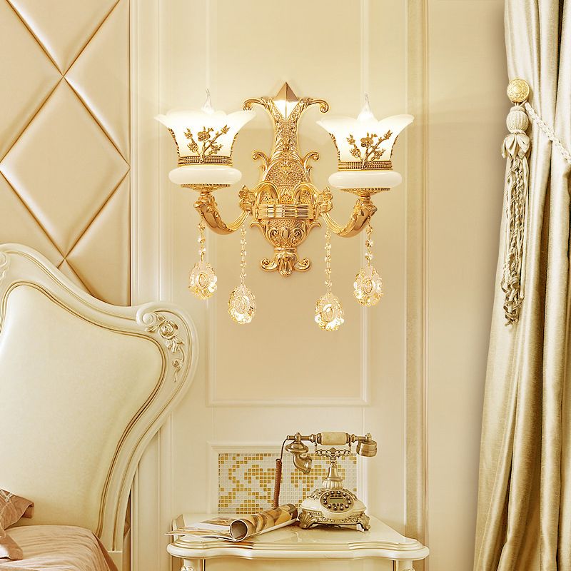 Imitation Jade Gold Wall Mount Light Bud Traditional Wall Light Fixture with Crystal Draping
