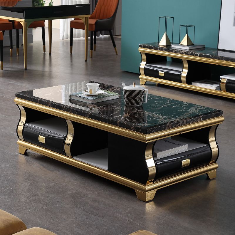 Marble Top Coffee or End Table with Storage Drawers Rectangle 4 Legs