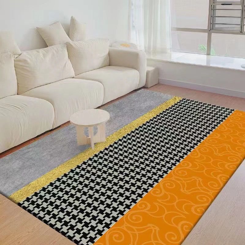 Orange Grid Pattern Rug Polyester Modern Rug Washable Rug for Living Room