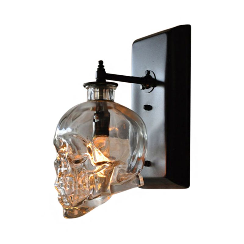 Clear Glass Skull Shaped Wall Sconce Modern 1 Light Living Room Lighting Fixture in Black