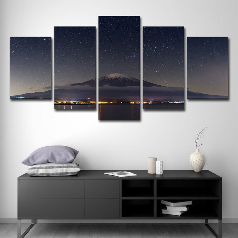 Mount Fuji Starry Night Wall Decor in Black Canvas Made Wall Art for Room, Multi-Piece