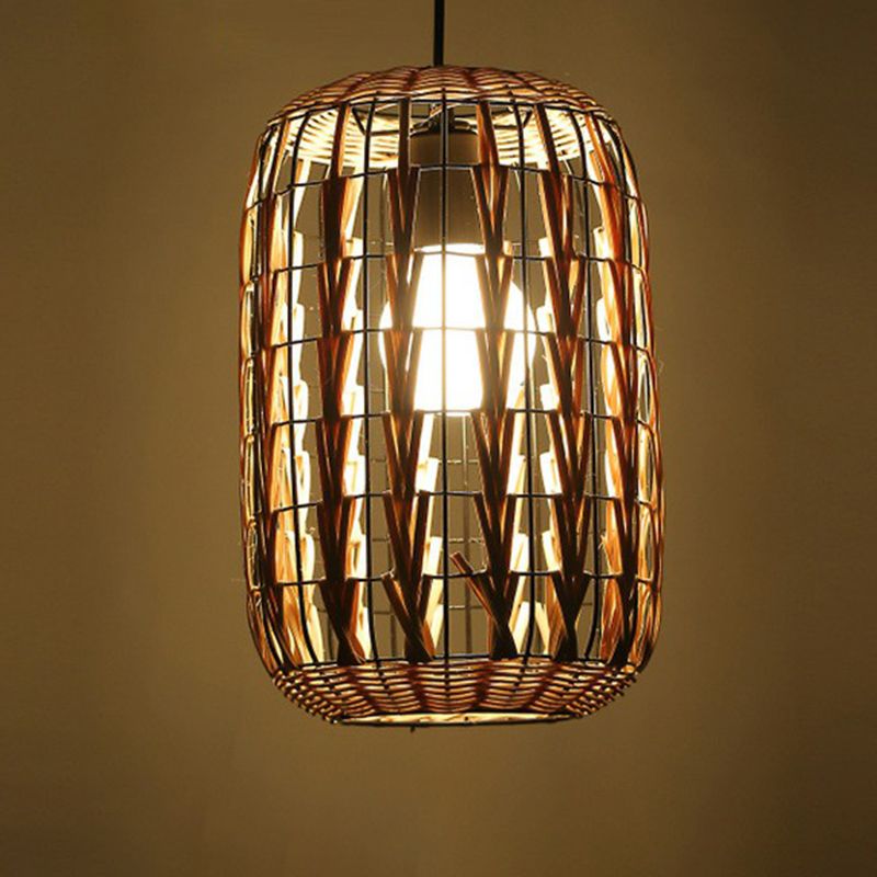 Rattan Cage Pendulum Light Country 1 Bulb Beige Hanging Ceiling Light for Restaurant
