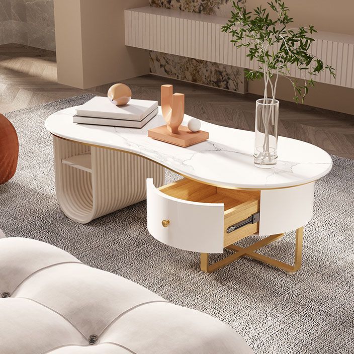 Modern Geometric Coffee Table with Drawer Stone Top Cocktail Table