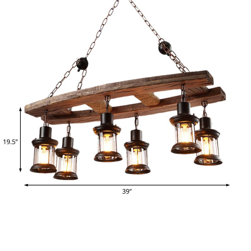 Clear Glass Black Island Pendant Lantern 6-Light Rustic Hanging Light Kit with Wooden Board