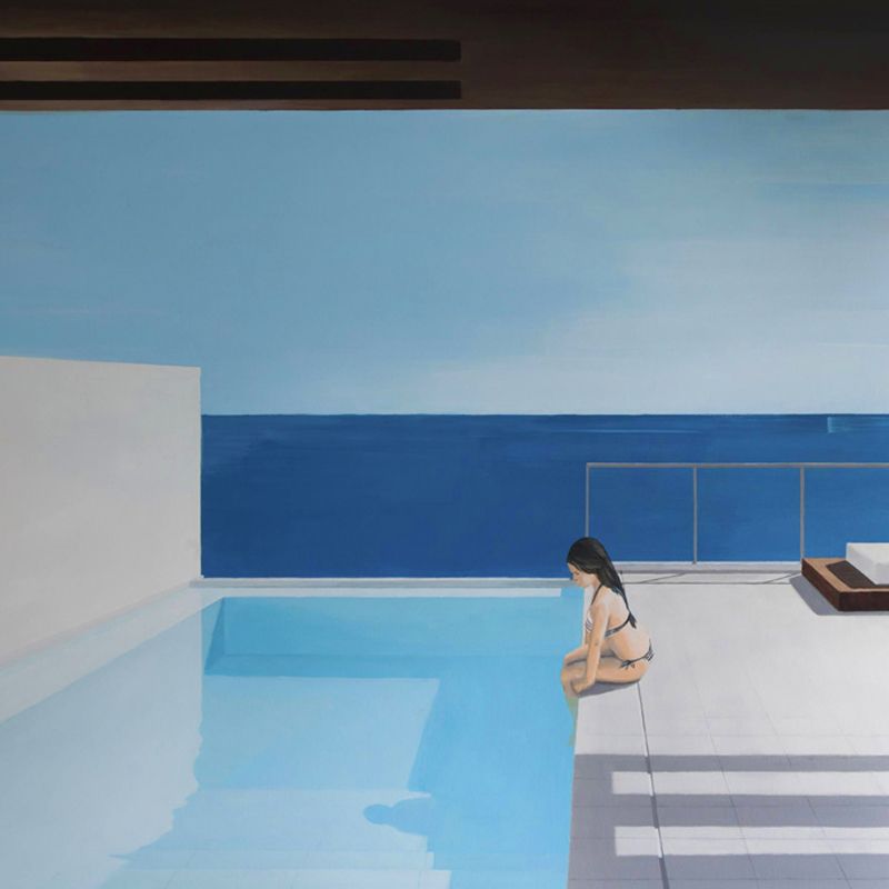 Whole Art Deco Wallpaper Murals Blue-White Sit Alone in Pool Drawing Wall Covering, Size Optional