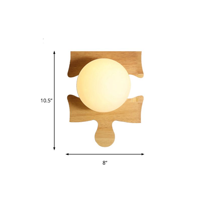 Japanese Style Orb Wall Light with Wooden Puzzle Base Glass 1 Light Beige Sconce Lamp for Corridor Kitchen