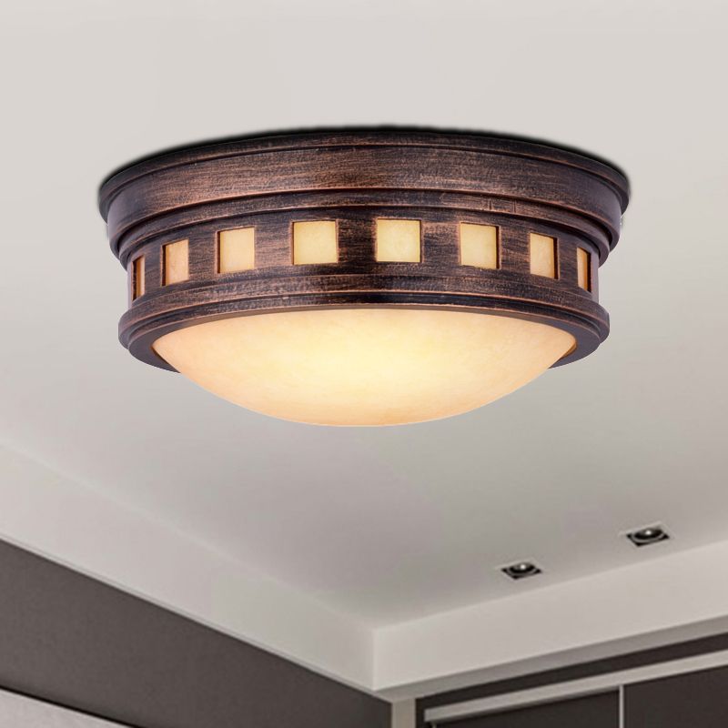 Drum Ceiling Flush Light Rustic Style Metal and Opal Glass Bronze/Gold Outdoor Flush Mount Light for Porch