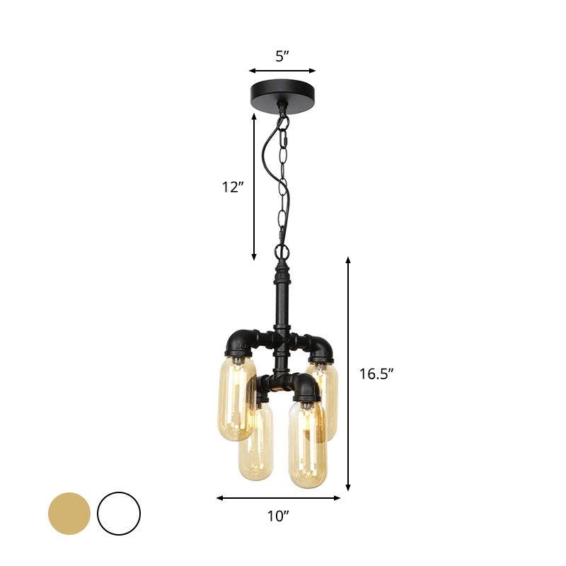 4 Bulbs Chandelier Pendant Lighting Vintage Water Pipe Amber/Clear Glass LED Hanging Lamp Kit