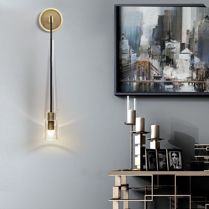 Minimalistische konische/Taschenlampen -Schattenwandlampe 13 "/26" H 1 Kopf klares Kristallleuchten in Gold in Gold