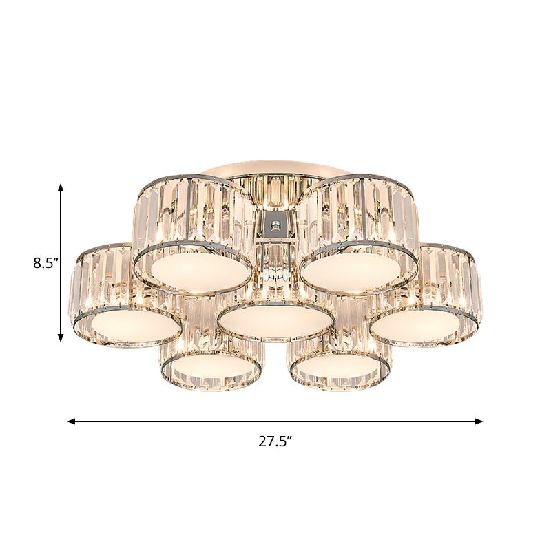 Crystal Drum Flush Mount Modernist 3/5/7 Heads Living Room Ceiling Lamp in Chrome Finish