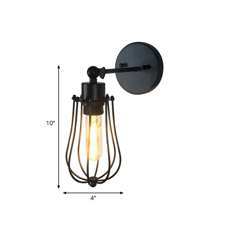Retro Style Cylinder/Oval Caged Wall Mount Light 1 Head Metallic Mini Wall Lighting in Black for Bedside
